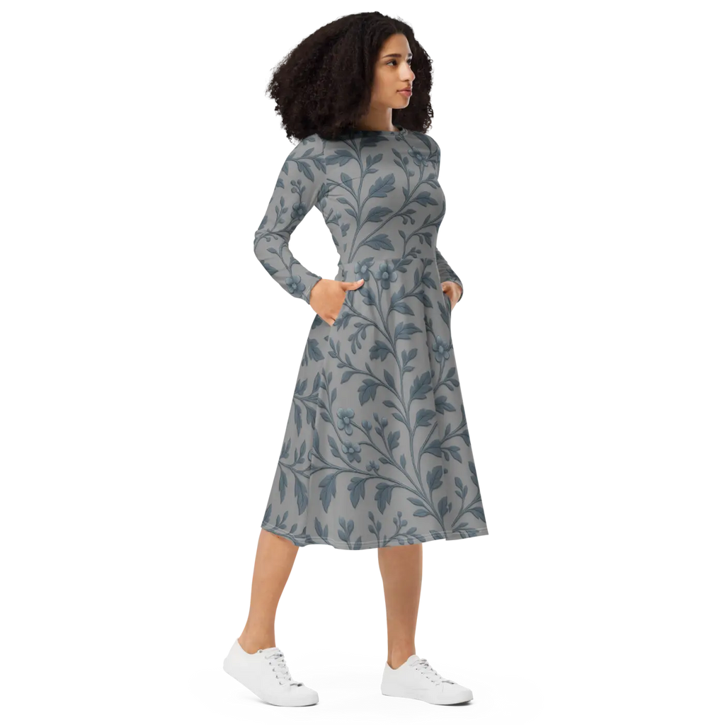 Blue Floral Vines Long Sleeve Midi Dress - Nature Inspired - DipaliZ