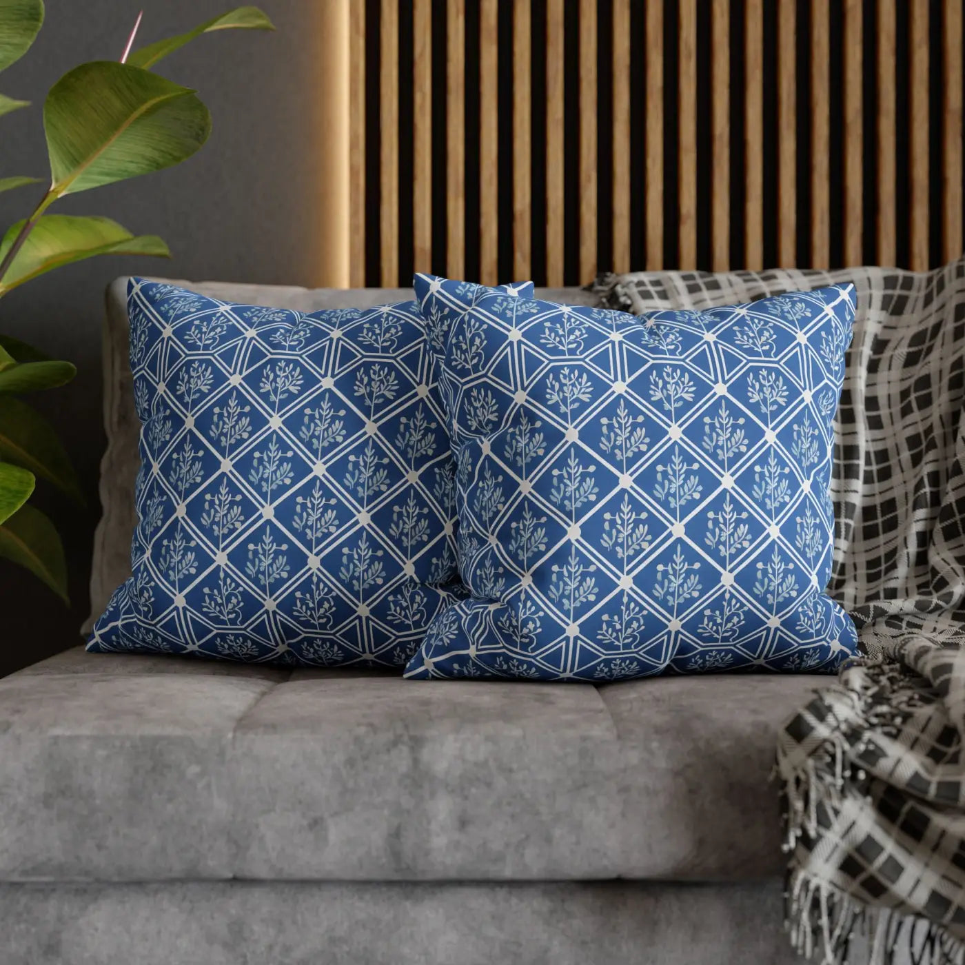 Blue Geometric Floral Throw Pillow Cover - Square Decor - DipaliZ