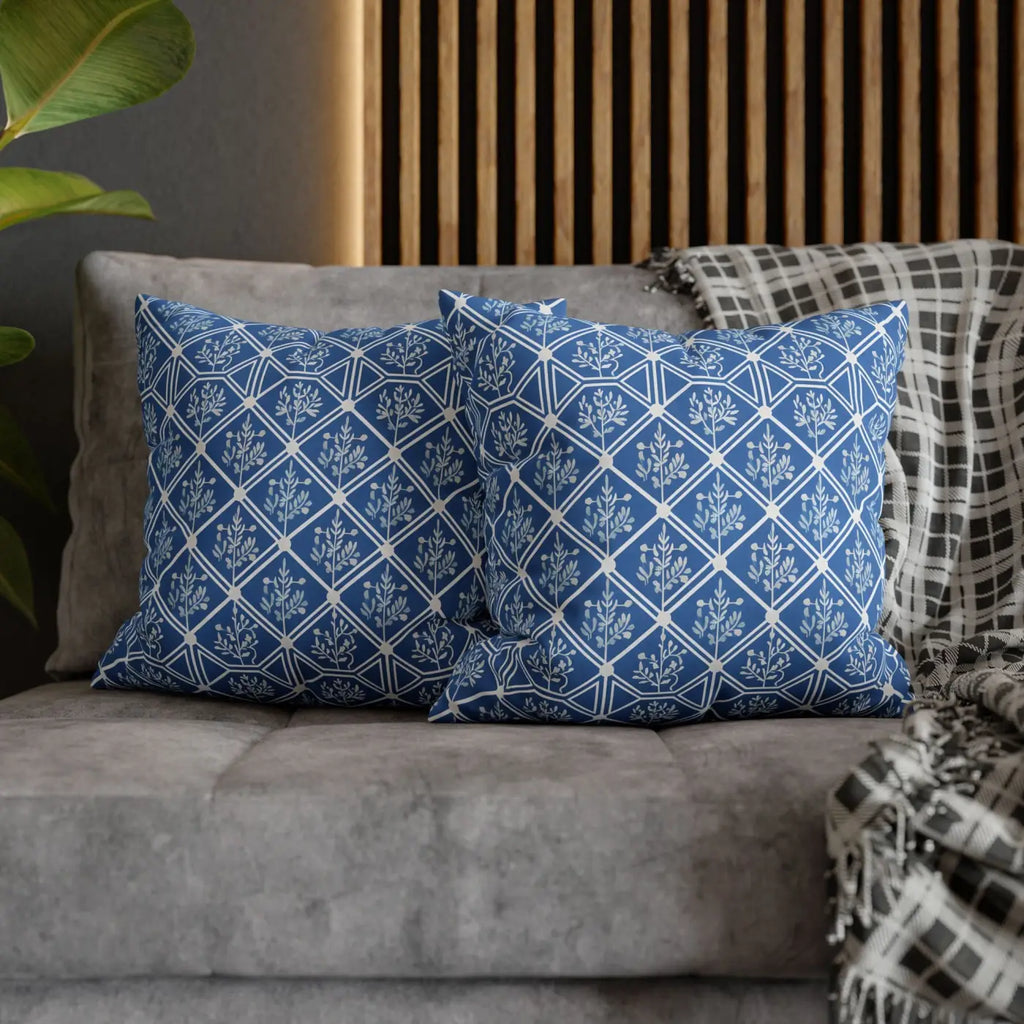 Blue Geometric Floral Throw Pillow Cover - Square Decor - DipaliZ