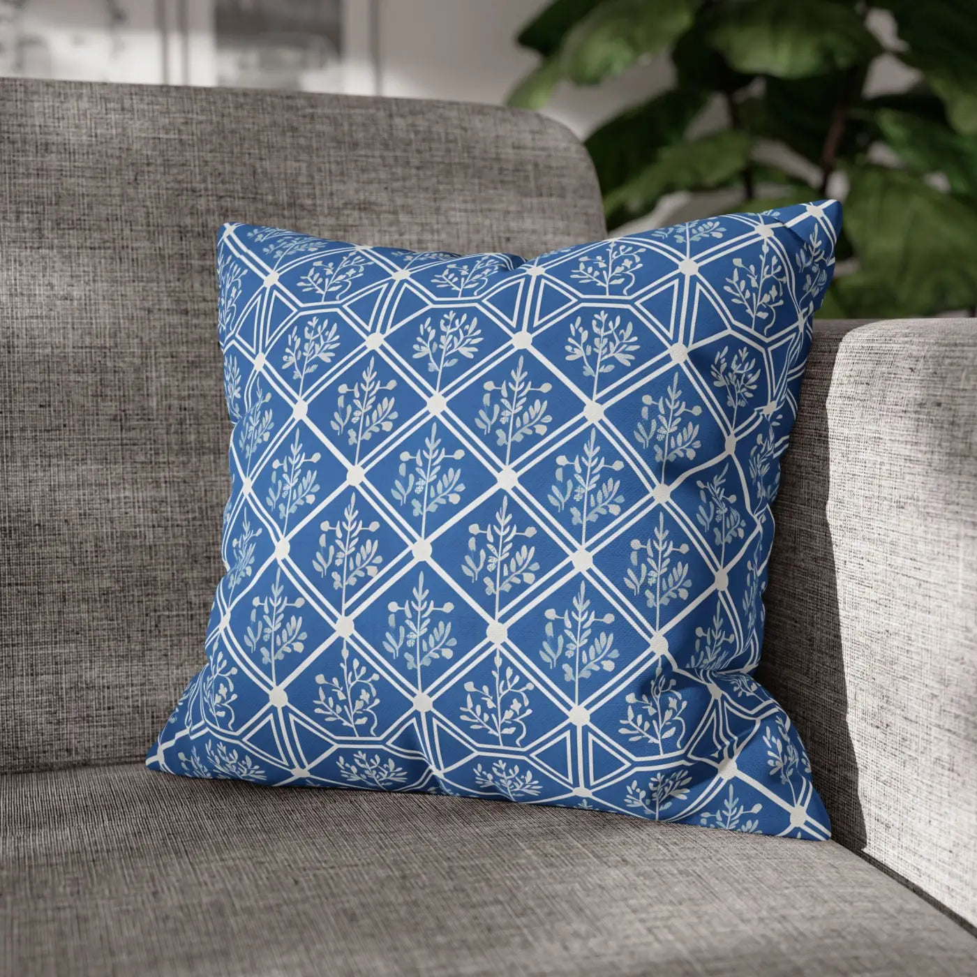 Blue Geometric Floral Throw Pillow Cover - Square Decor - DipaliZ