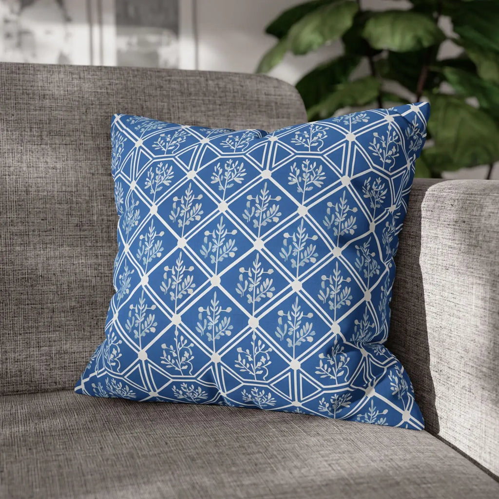 Blue Geometric Floral Throw Pillow Cover - Square Decor - DipaliZ