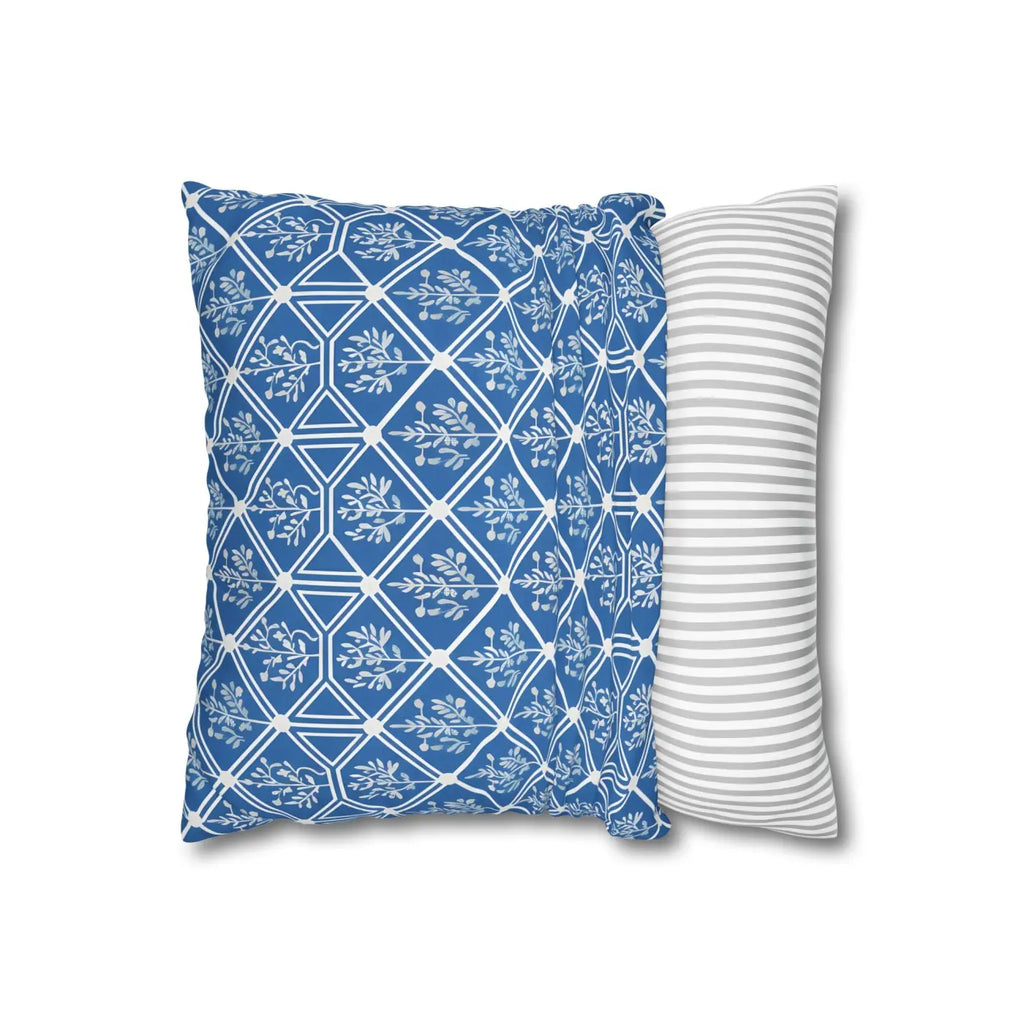 Blue Geometric Floral Throw Pillow Cover - Square Decor - DipaliZ