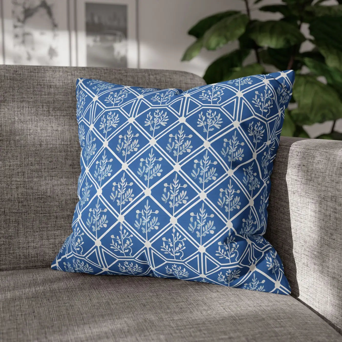 Blue Geometric Floral Throw Pillow Cover - Square Decor - DipaliZ