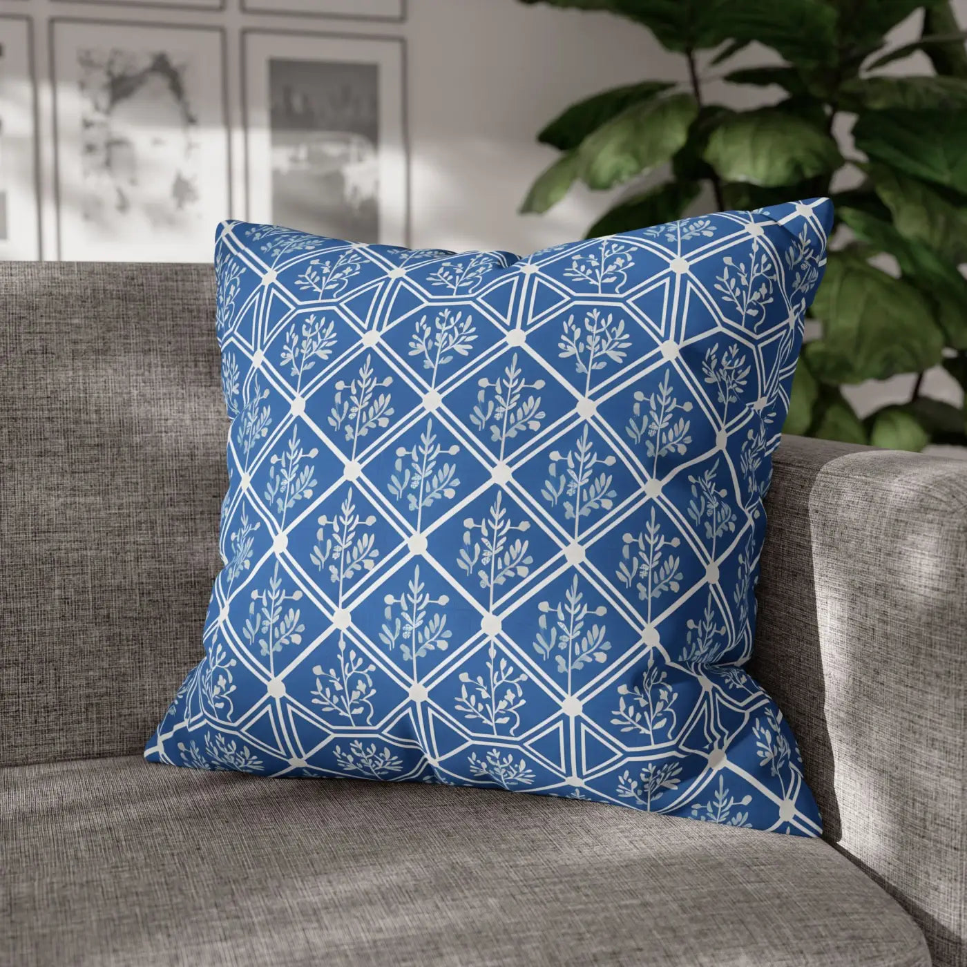 Blue Geometric Floral Throw Pillow Cover - Square Decor - DipaliZ