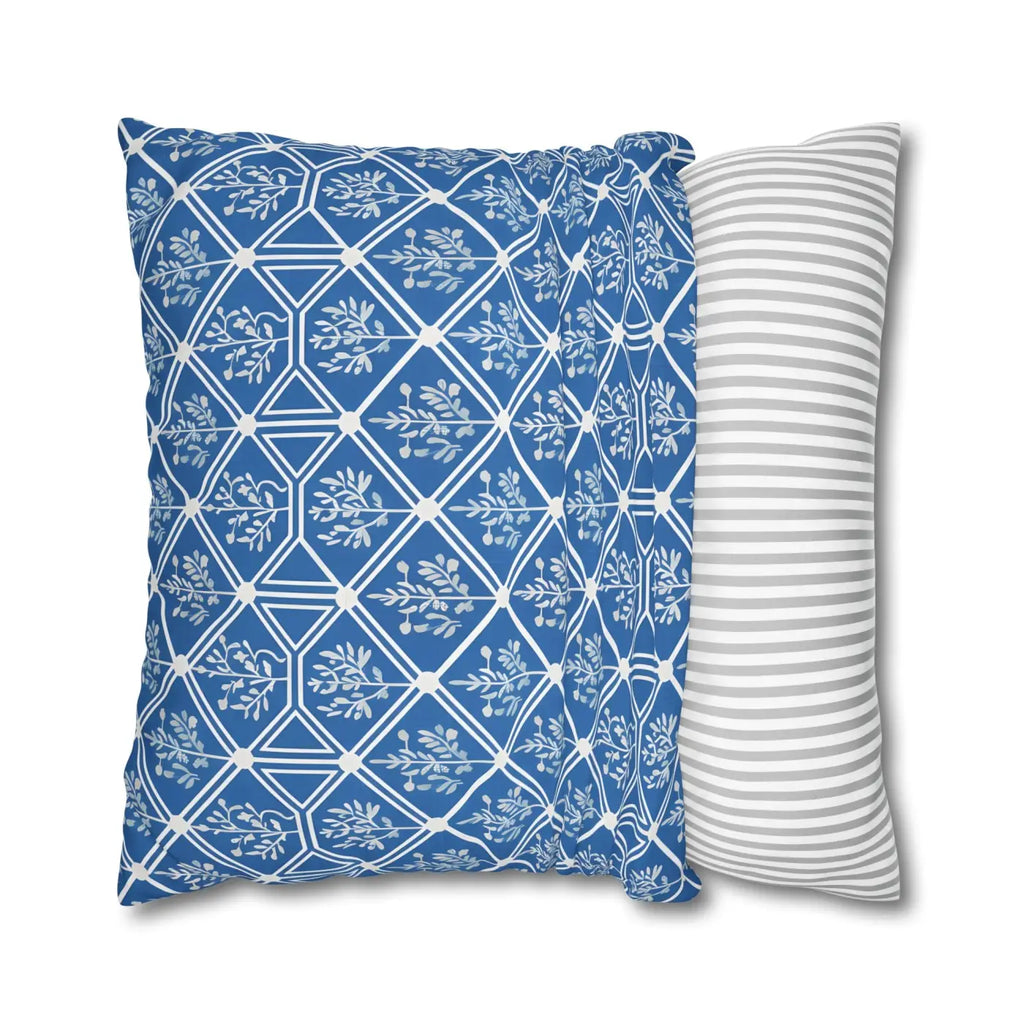 Blue Geometric Floral Throw Pillow Cover - Square Decor - DipaliZ