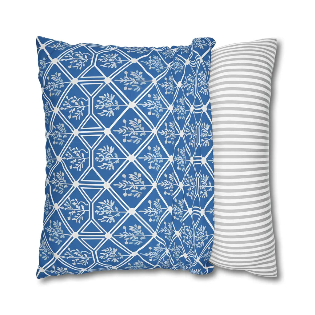 Blue Geometric Floral Throw Pillow Cover - Square Decor - DipaliZ