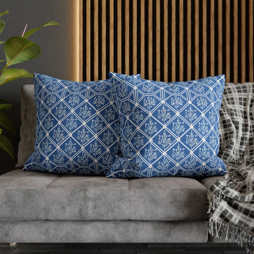Blue Geometric Floral Throw Pillow Cover - Square Decor - DipaliZ
