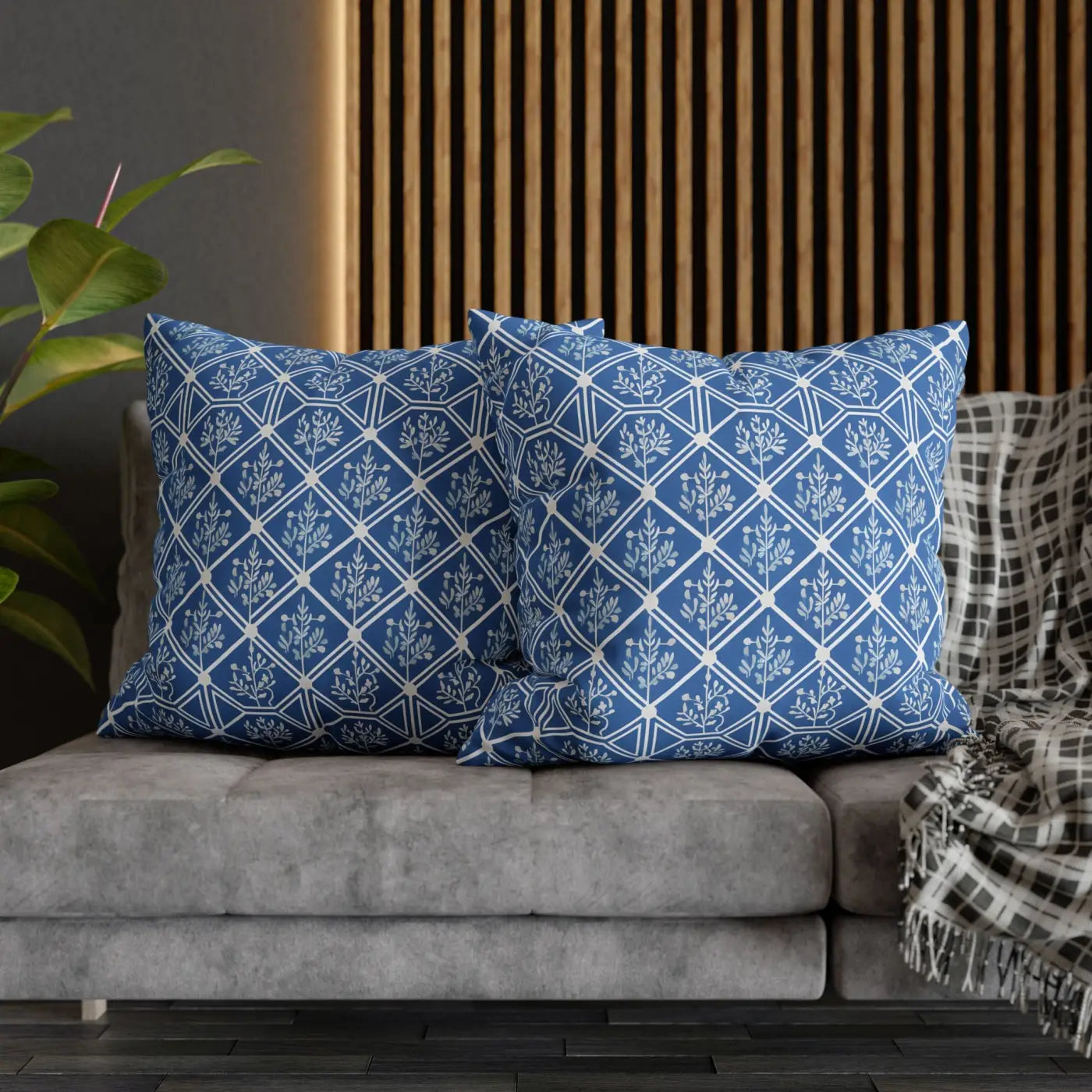 Blue Geometric Floral Throw Pillow Cover - Square Decor - DipaliZ