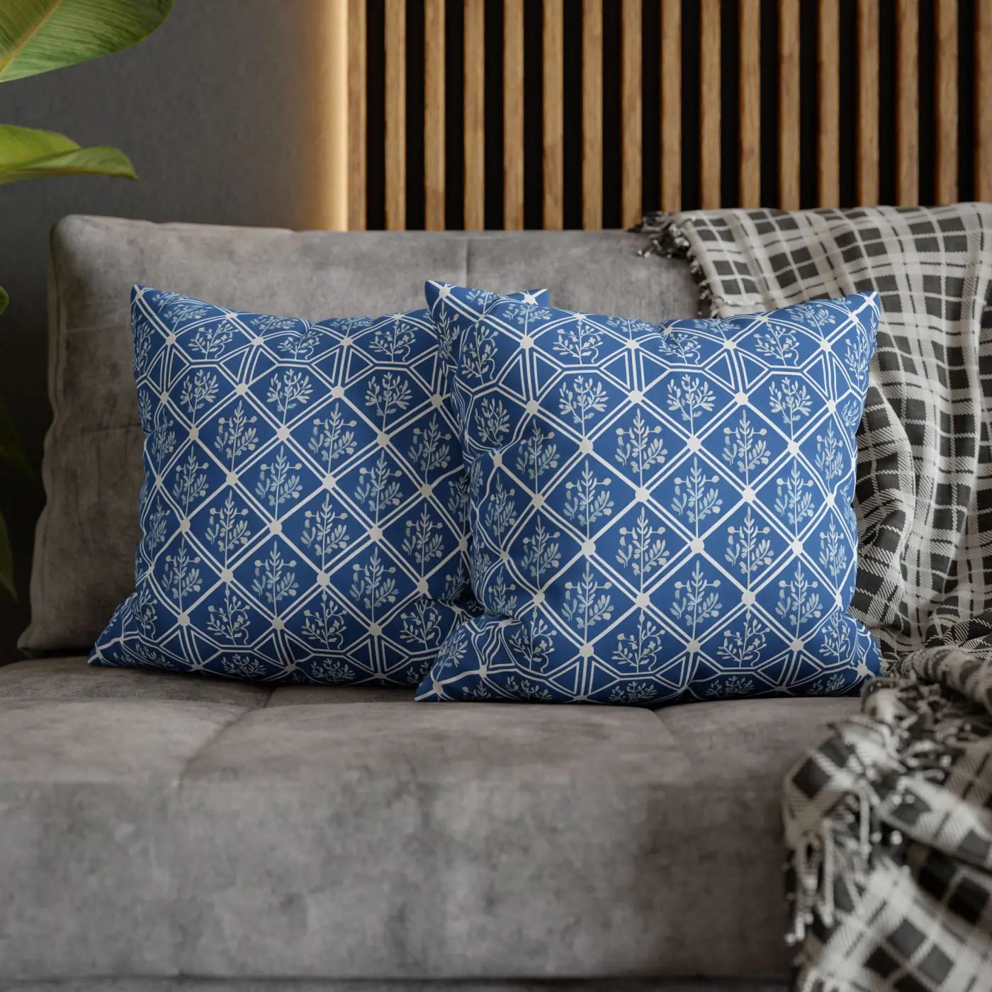 Blue Geometric Floral Throw Pillow Cover - Square Decor - DipaliZ
