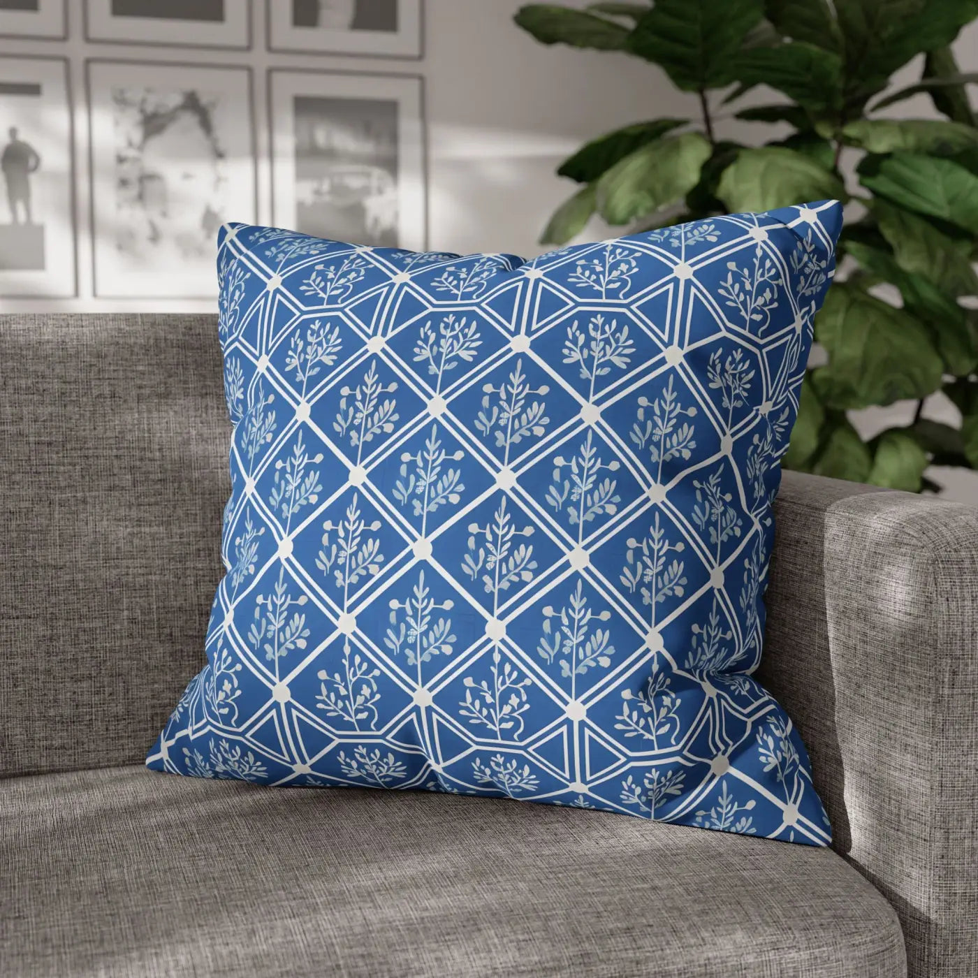Blue Geometric Floral Throw Pillow Cover - Square Decor - DipaliZ