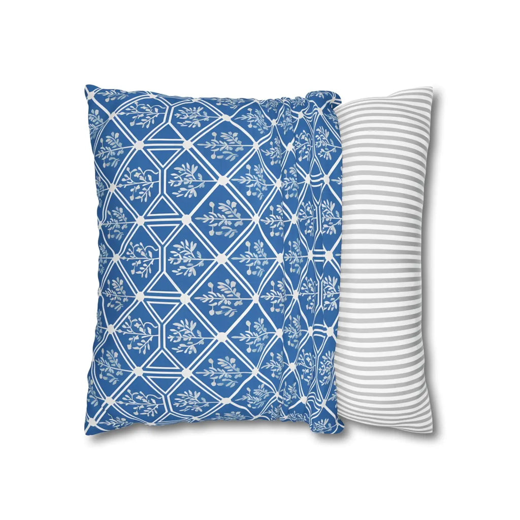 Blue Geometric Floral Throw Pillow Cover - Square Decor - DipaliZ
