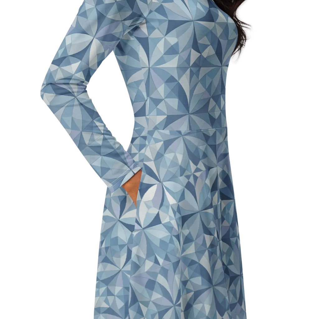 Blue Geometric Pattern Print Long Sleeve Midi Dress - DipaliZ