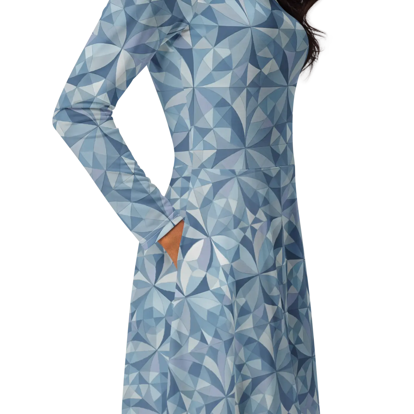 Blue Geometric Pattern Print Long Sleeve Midi Dress - DipaliZ