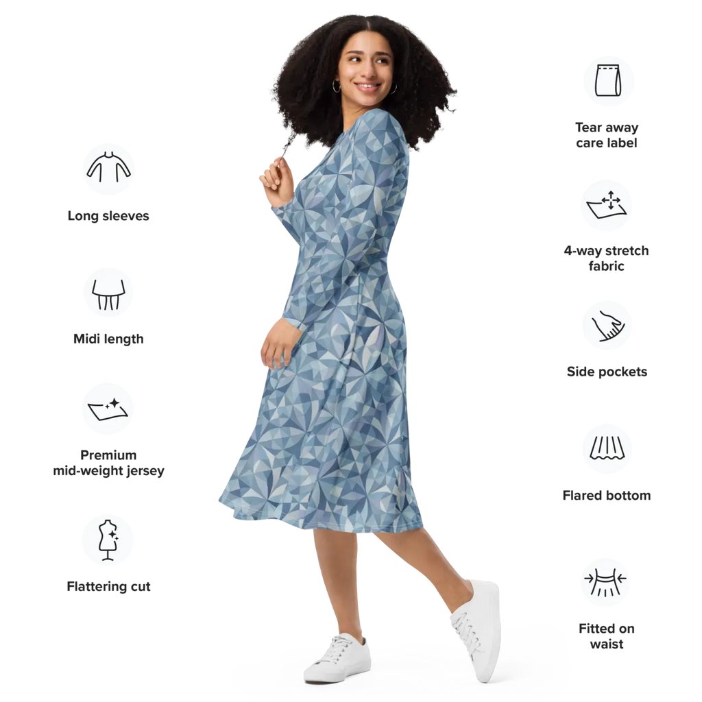 Blue Geometric Pattern Print Long Sleeve Midi Dress - DipaliZ