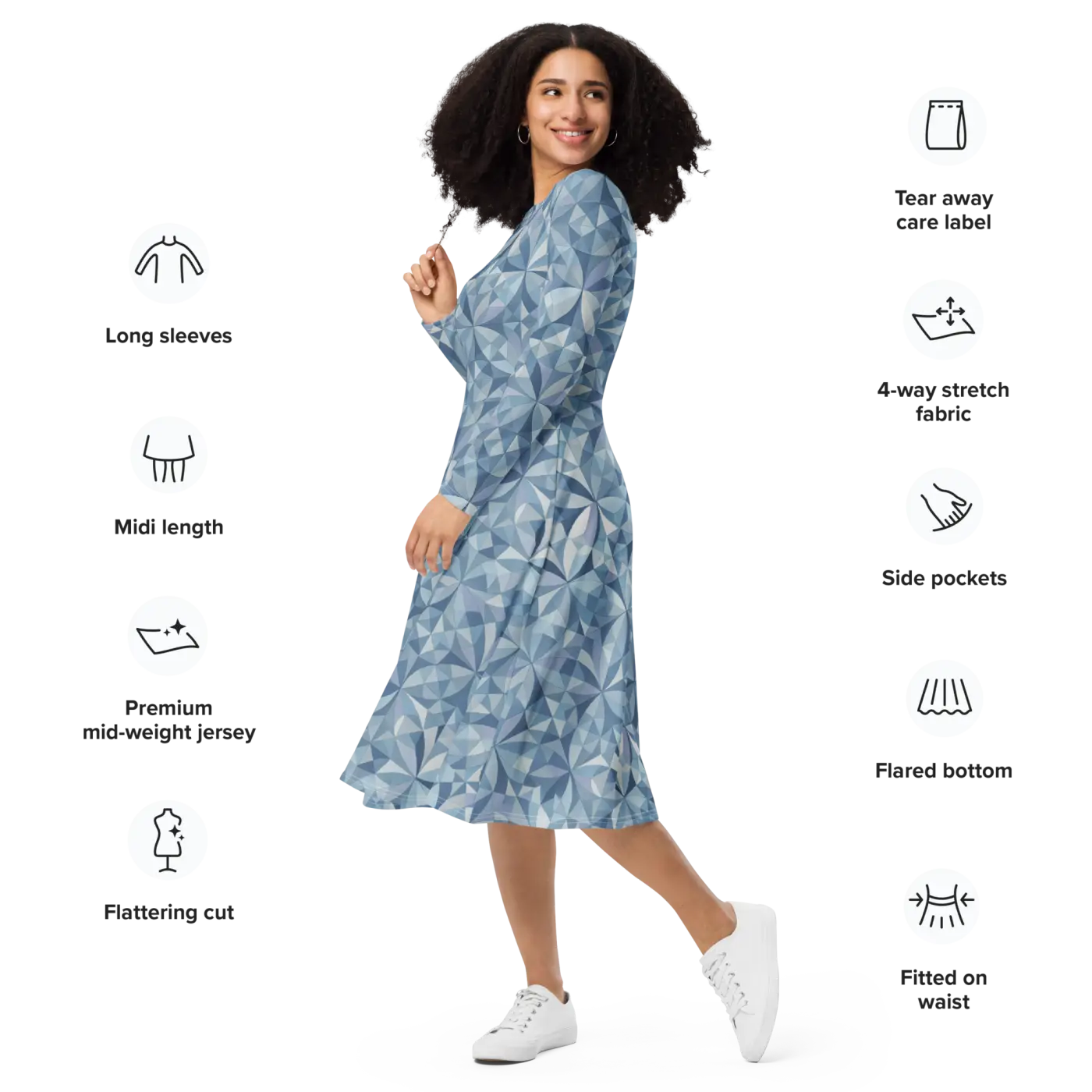 Blue Geometric Pattern Print Long Sleeve Midi Dress - DipaliZ