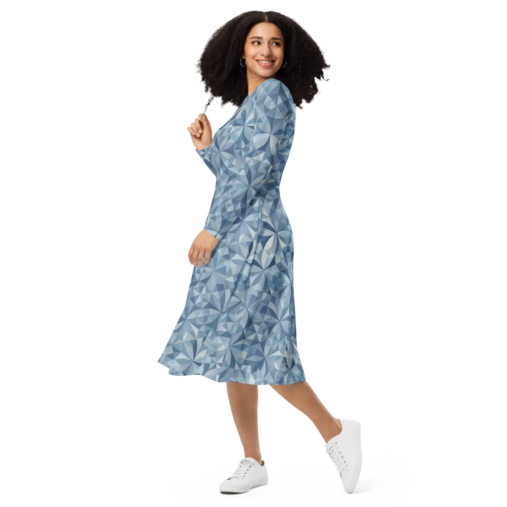 Blue Geometric Pattern Print Long Sleeve Midi Dress - DipaliZ