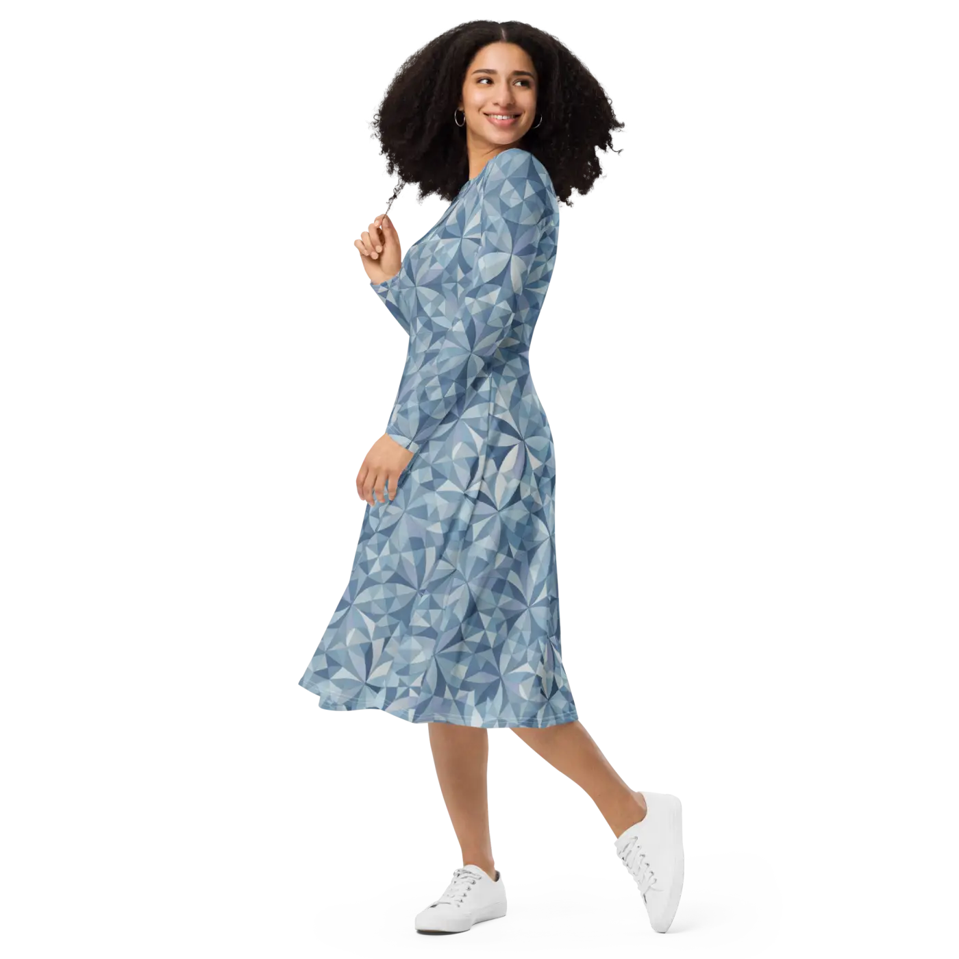 Blue Geometric Pattern Print Long Sleeve Midi Dress - DipaliZ