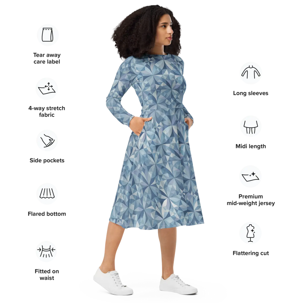 Blue Geometric Pattern Print Long Sleeve Midi Dress - DipaliZ