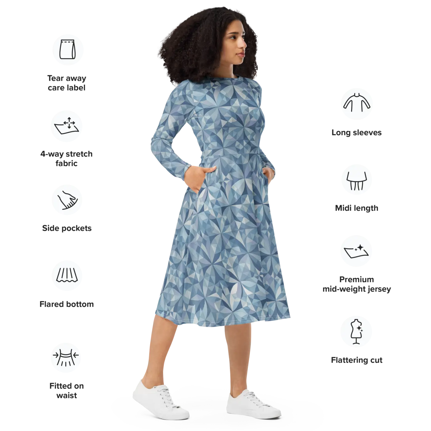 Blue Geometric Pattern Print Long Sleeve Midi Dress - DipaliZ
