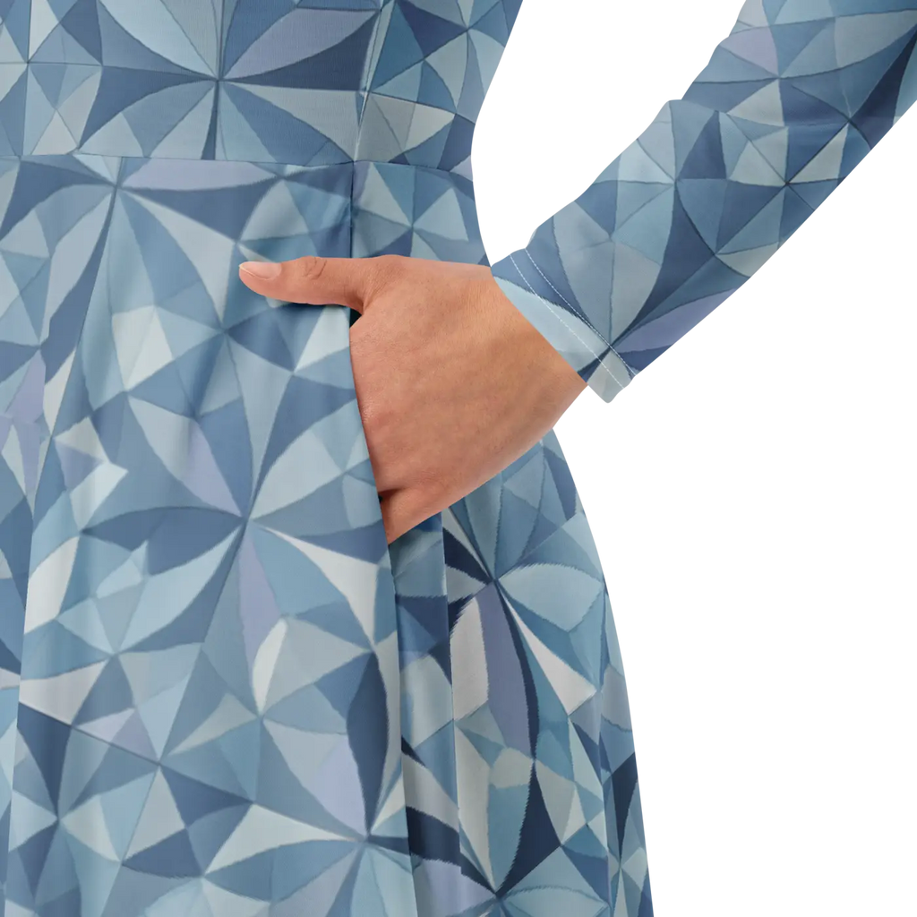 Blue Geometric Pattern Print Long Sleeve Midi Dress - DipaliZ
