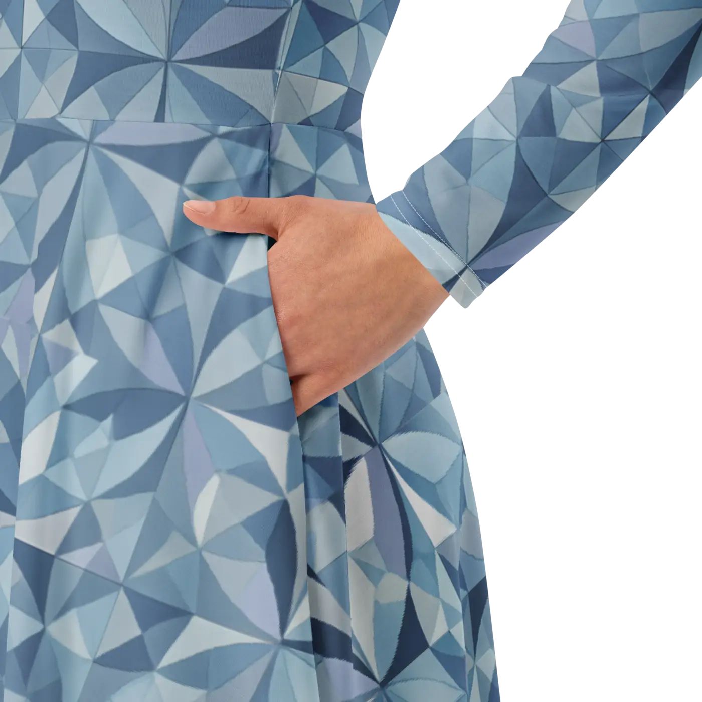 Blue Geometric Pattern Print Long Sleeve Midi Dress - DipaliZ
