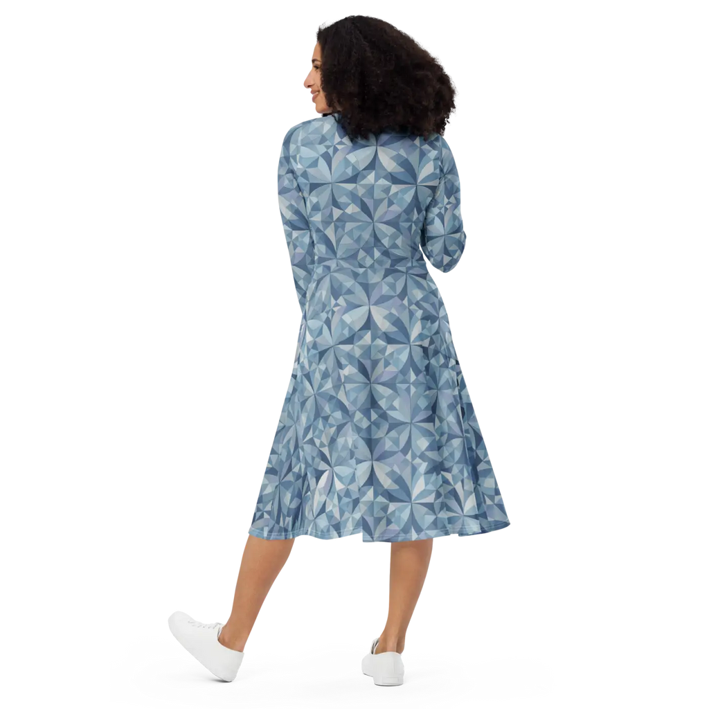 Blue Geometric Pattern Print Long Sleeve Midi Dress - DipaliZ