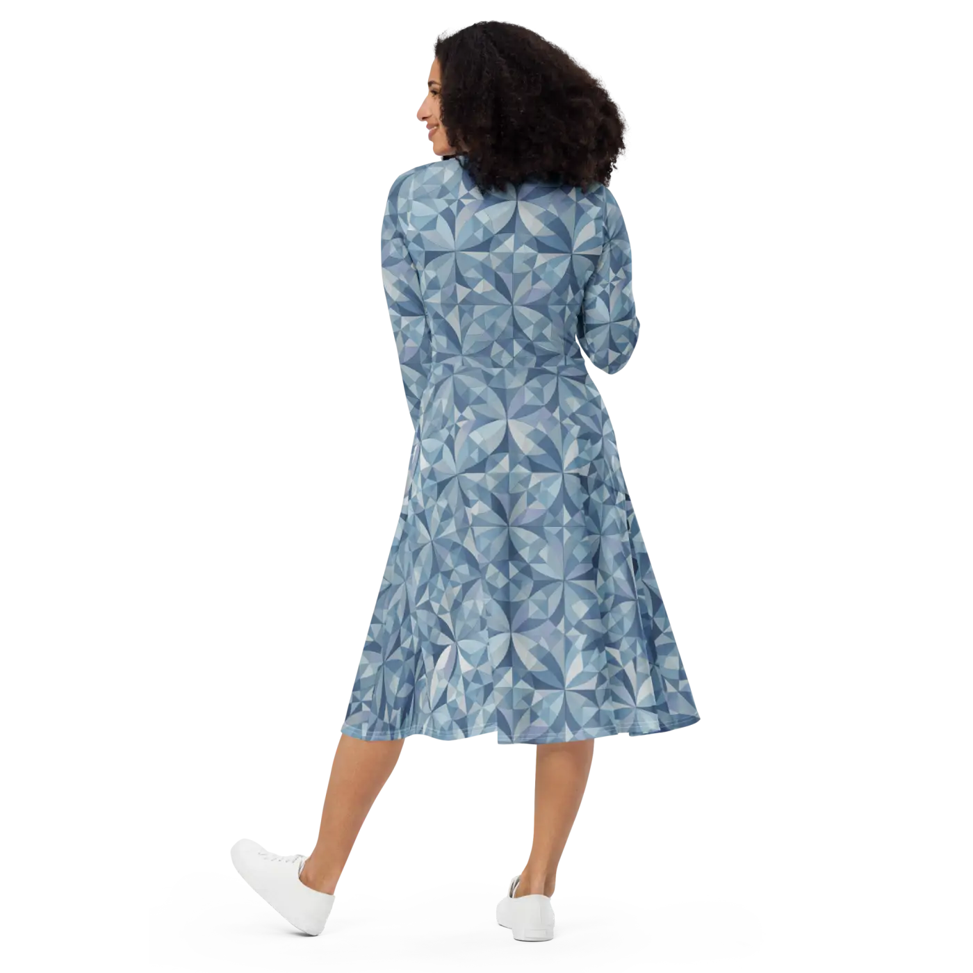Blue Geometric Pattern Print Long Sleeve Midi Dress - DipaliZ