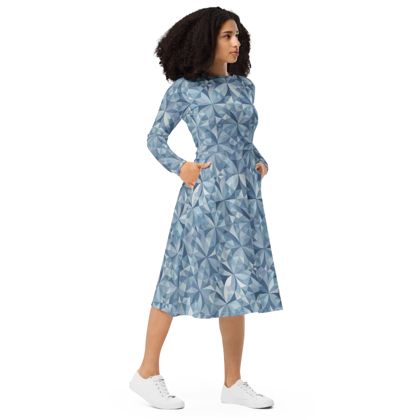 Blue Geometric Pattern Print Long Sleeve Midi Dress - DipaliZ