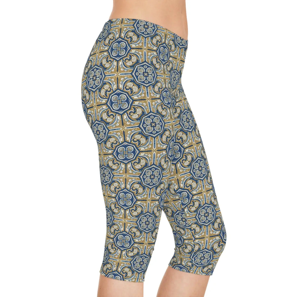 Gold Moroccan Tile Capri Leggings - Mediterranean Print - DipaliZ