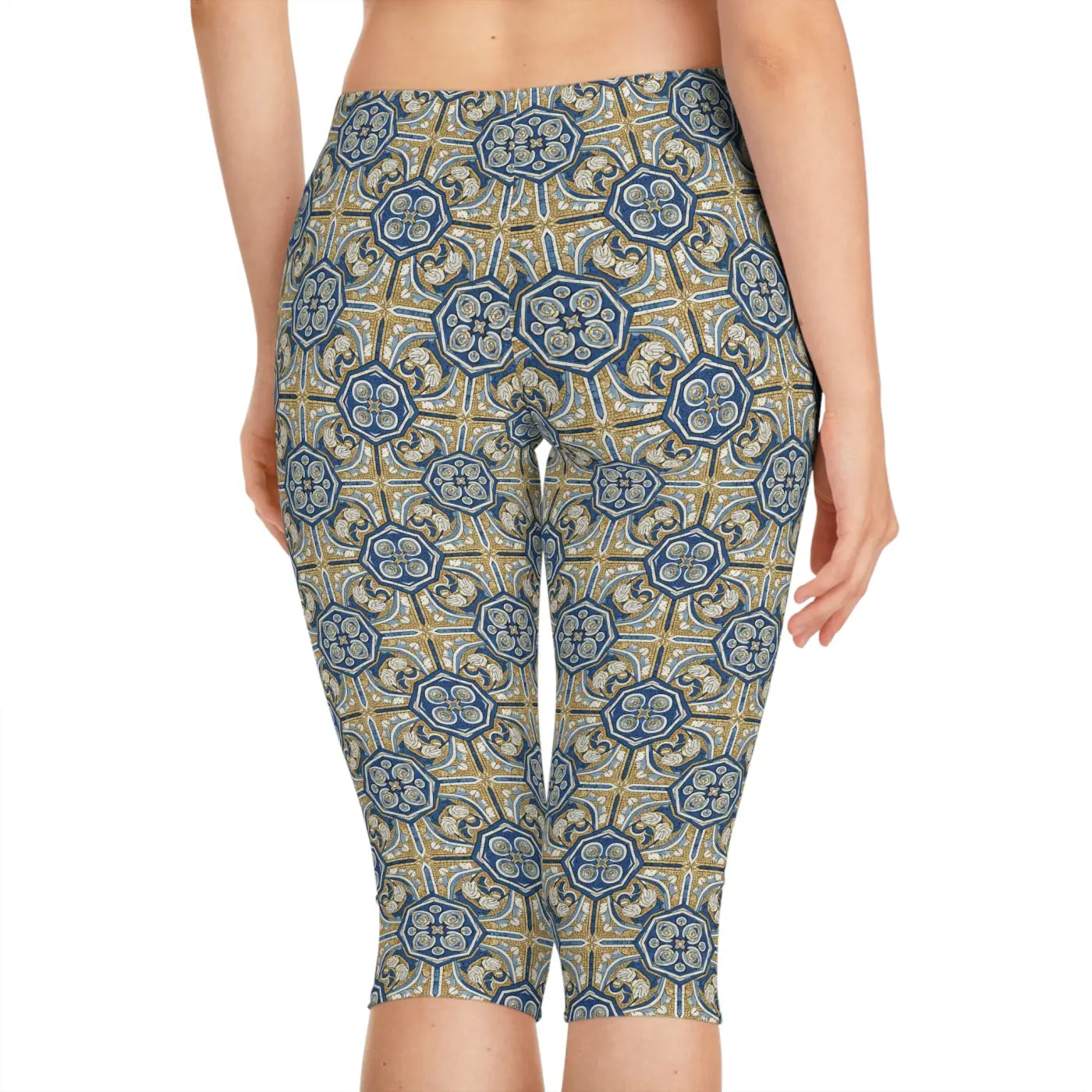 Gold Moroccan Tile Capri Leggings - Mediterranean Print - DipaliZ