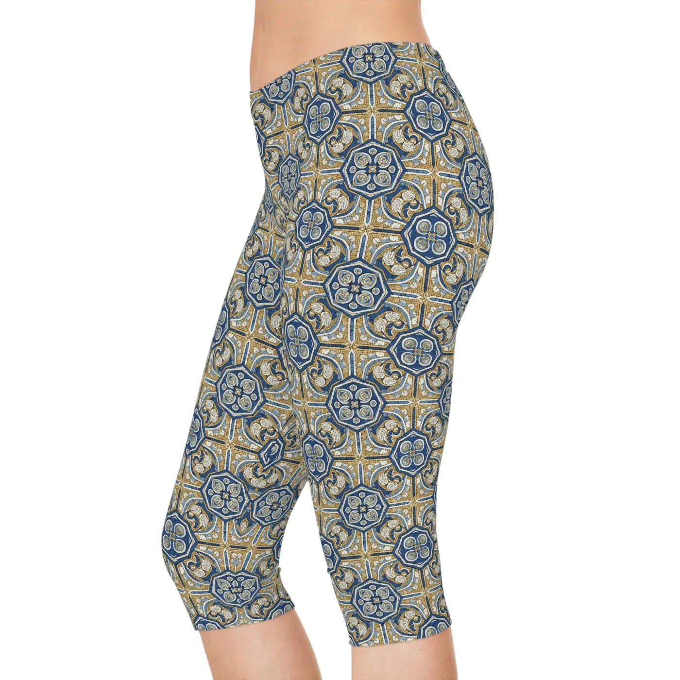 Gold Moroccan Tile Capri Leggings - Mediterranean Print - DipaliZ