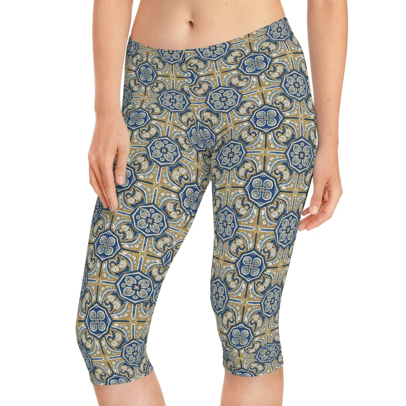 Gold Moroccan Tile Capri Leggings - Mediterranean Print - DipaliZ