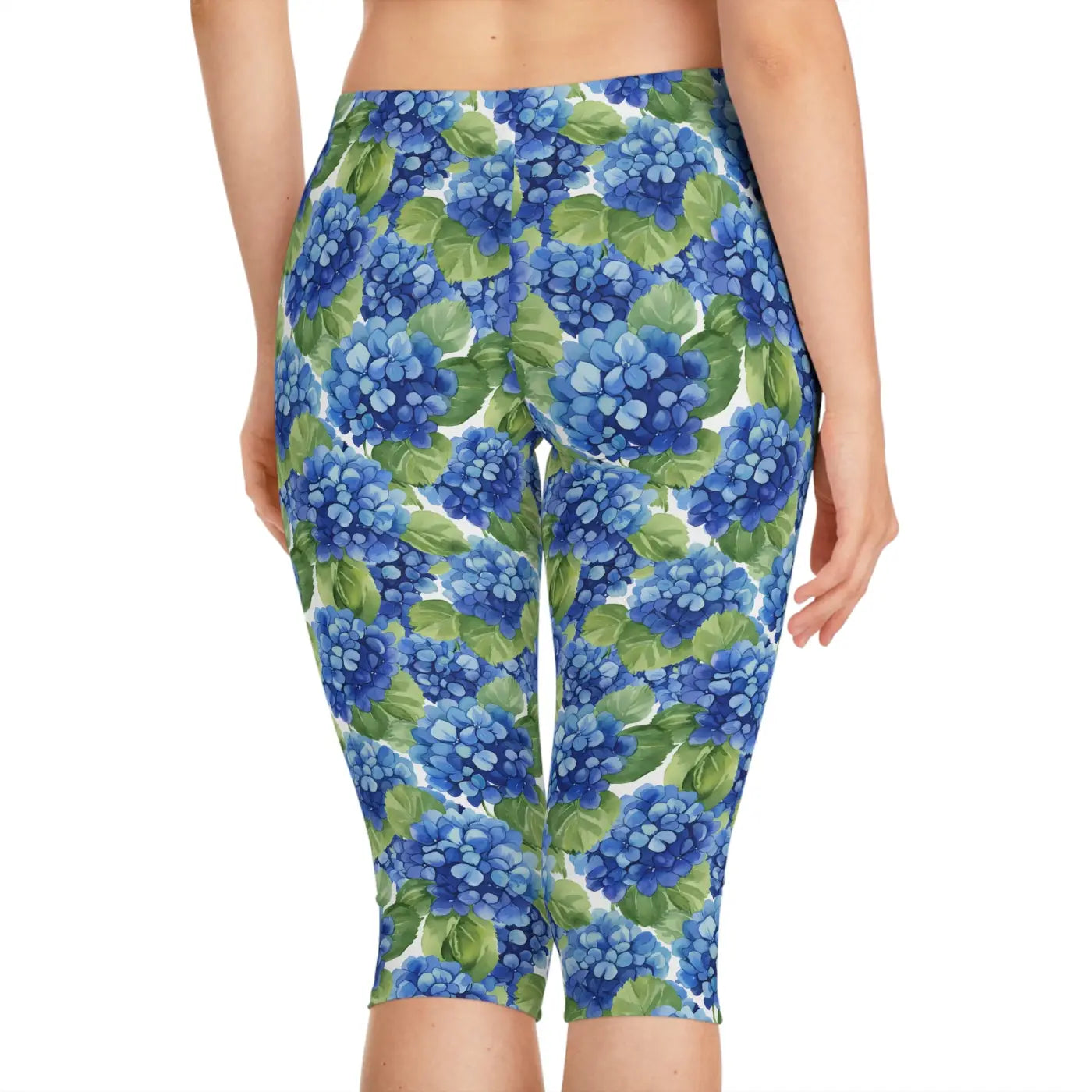 Blue Hydrangea Capri Leggings - Watercolor Floral - DipaliZ