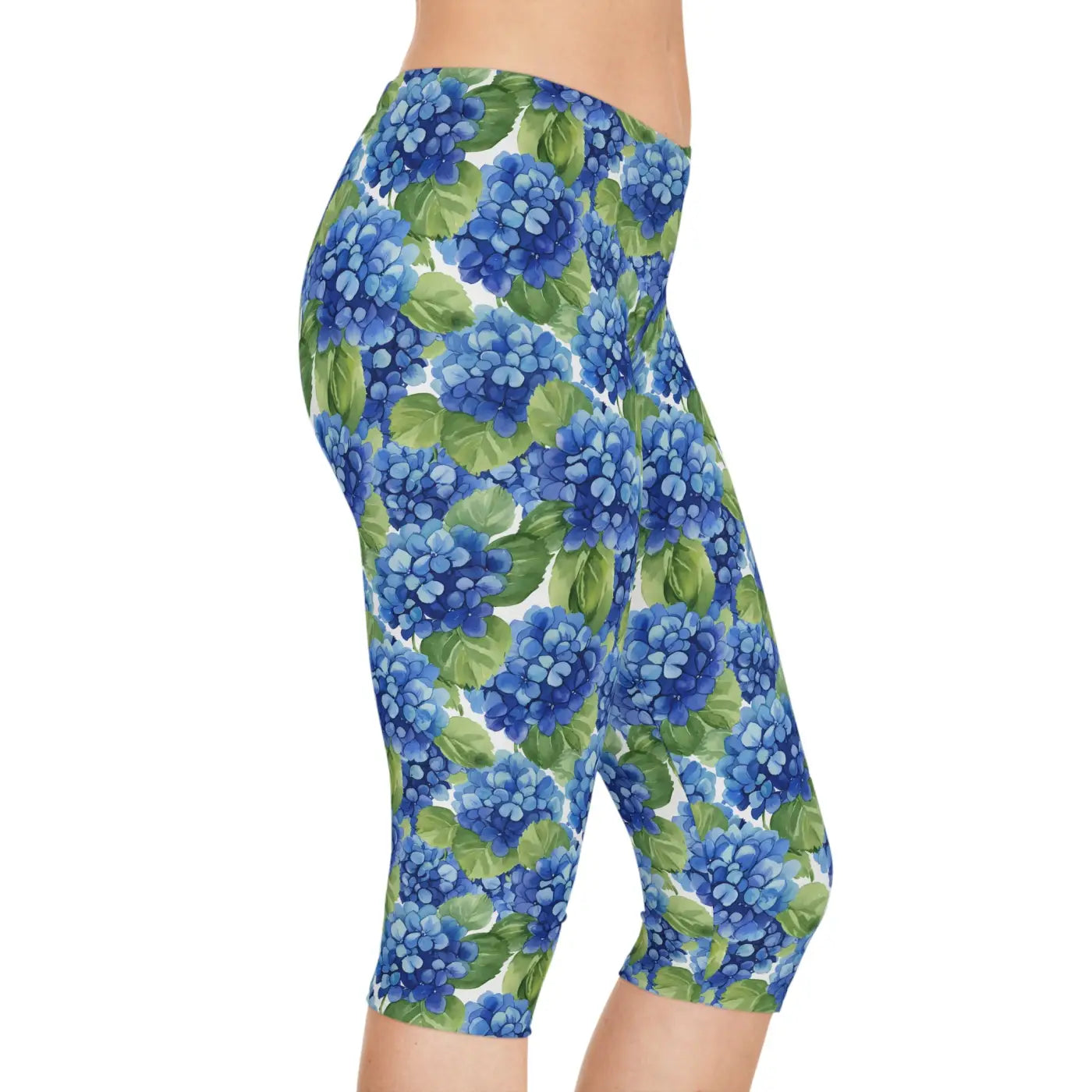 Blue Hydrangea Capri Leggings - Watercolor Floral - DipaliZ