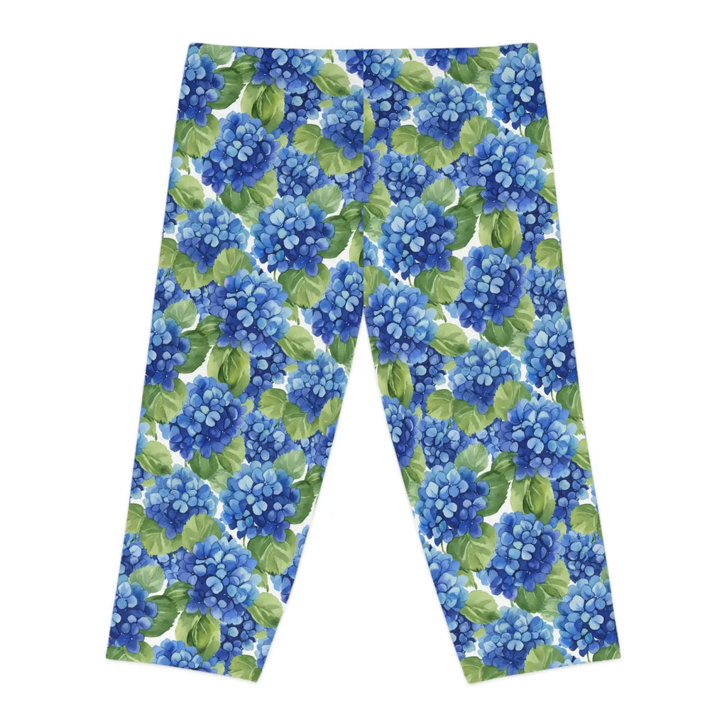 Blue Hydrangea Capri Leggings - Watercolor Floral - DipaliZ