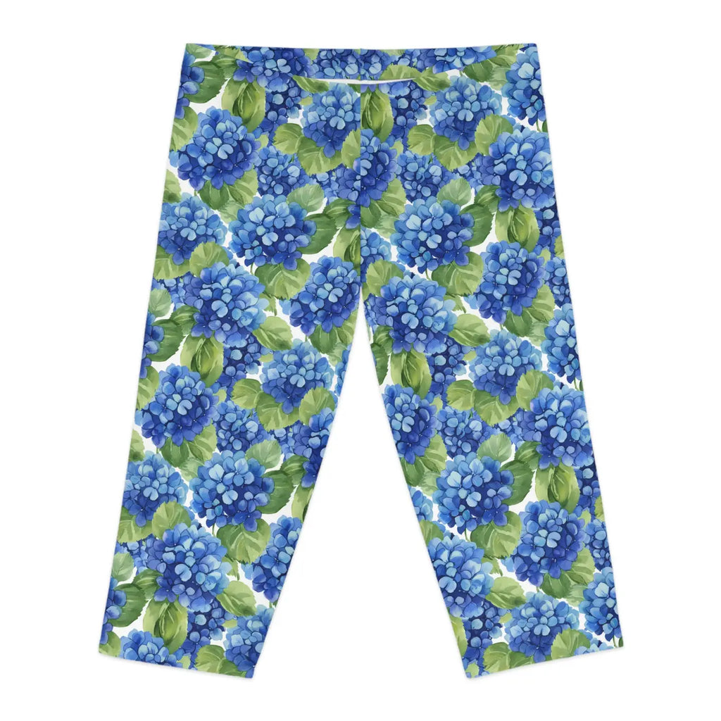 Blue Hydrangea Capri Leggings - Watercolor Floral - DipaliZ