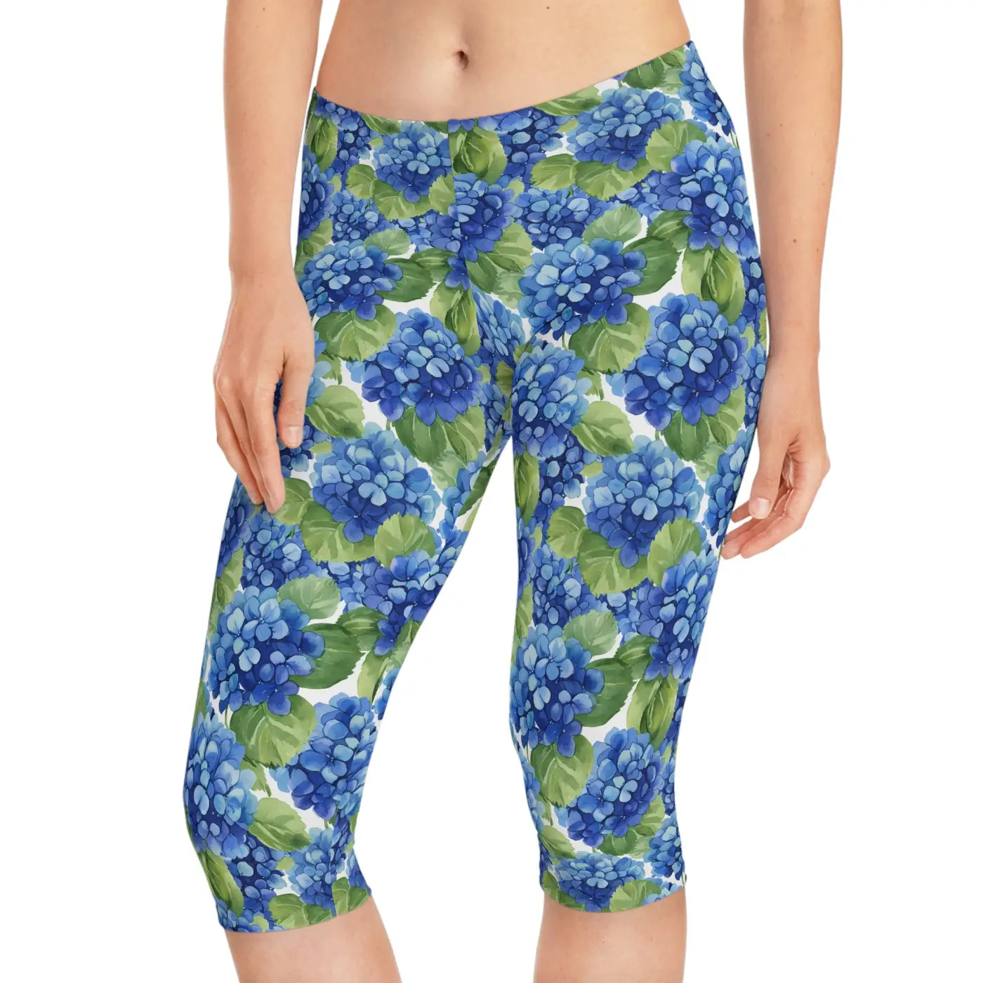 Blue Hydrangea Capri Leggings - Watercolor Floral - DipaliZ