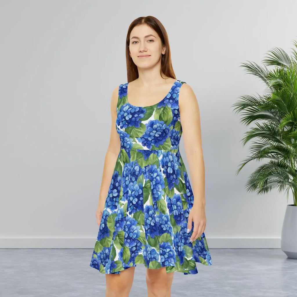 Blue Hydrangea Floral Skater Dress - Summer Garden Party - DipaliZ