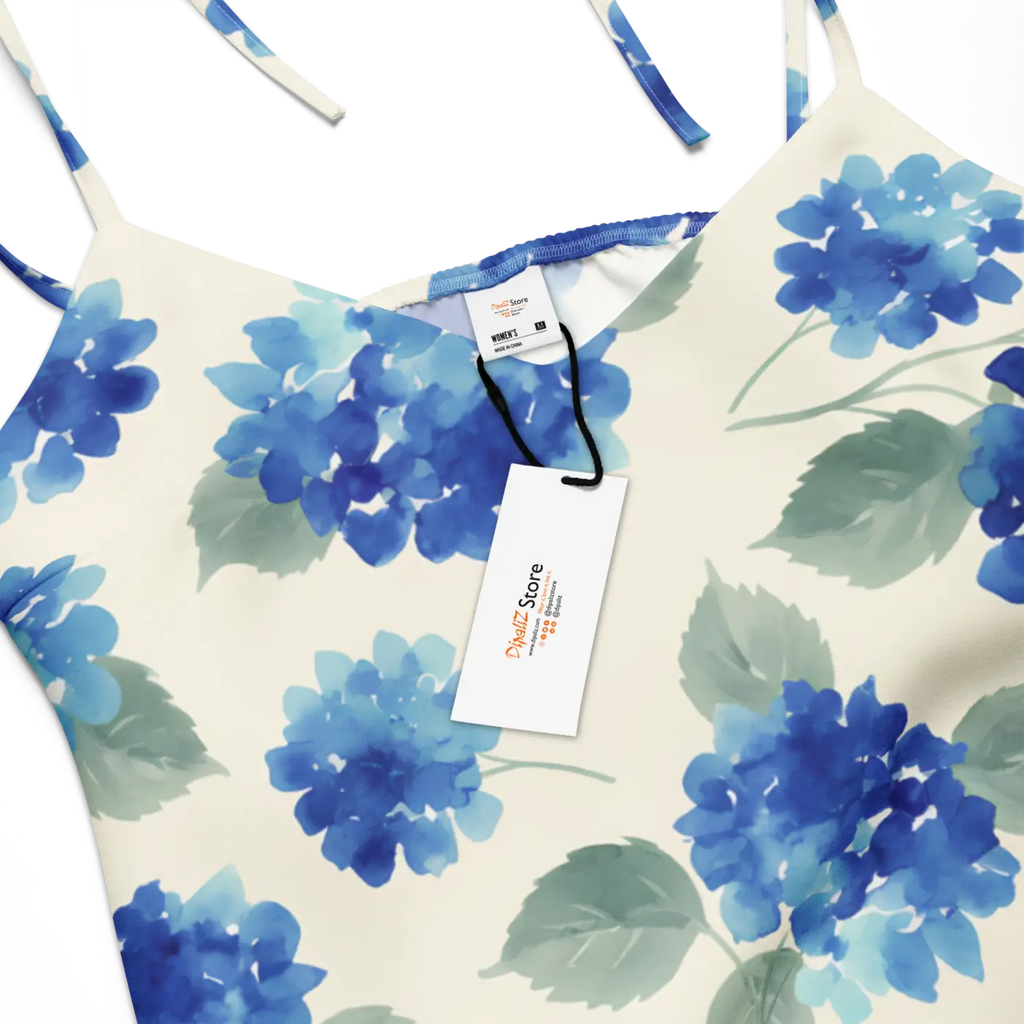 Blue Hydrangea Midi Dress - Built-In Bra and Tie Straps - DipaliZ