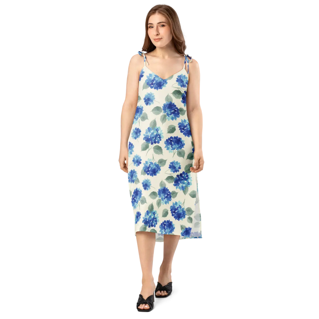 Blue Hydrangea Midi Dress - Built-In Bra and Tie Straps - DipaliZ