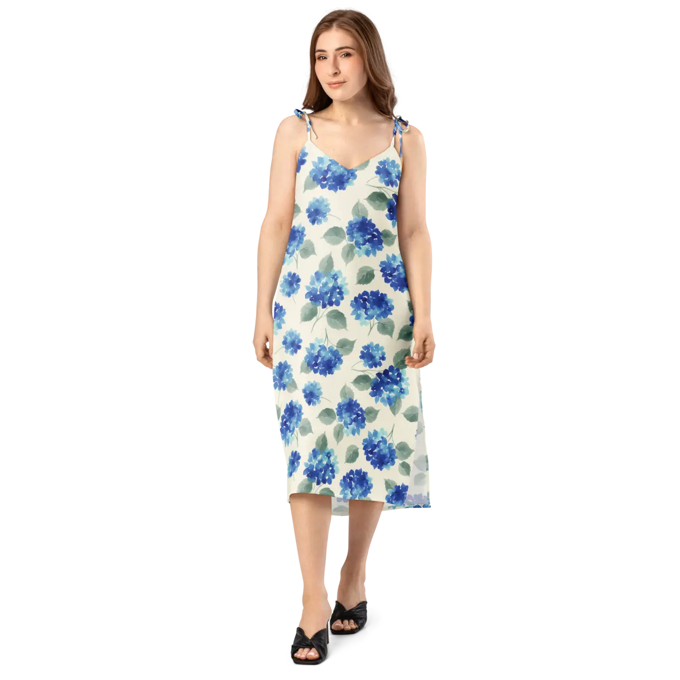 Blue Hydrangea Midi Dress - Built-In Bra and Tie Straps - DipaliZ