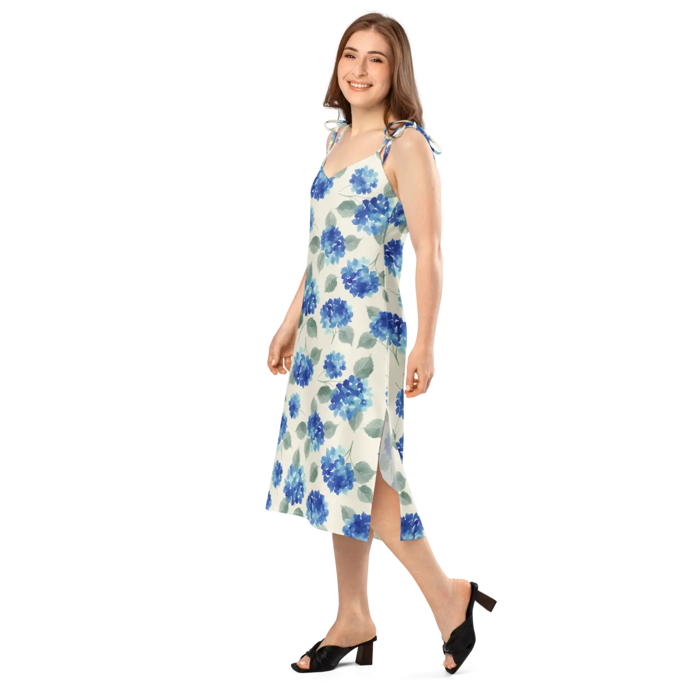 Blue Hydrangea Midi Dress - Built-In Bra and Tie Straps - DipaliZ