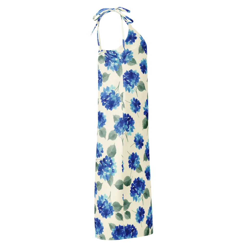 Blue Hydrangea Midi Dress - Built-In Bra and Tie Straps - DipaliZ