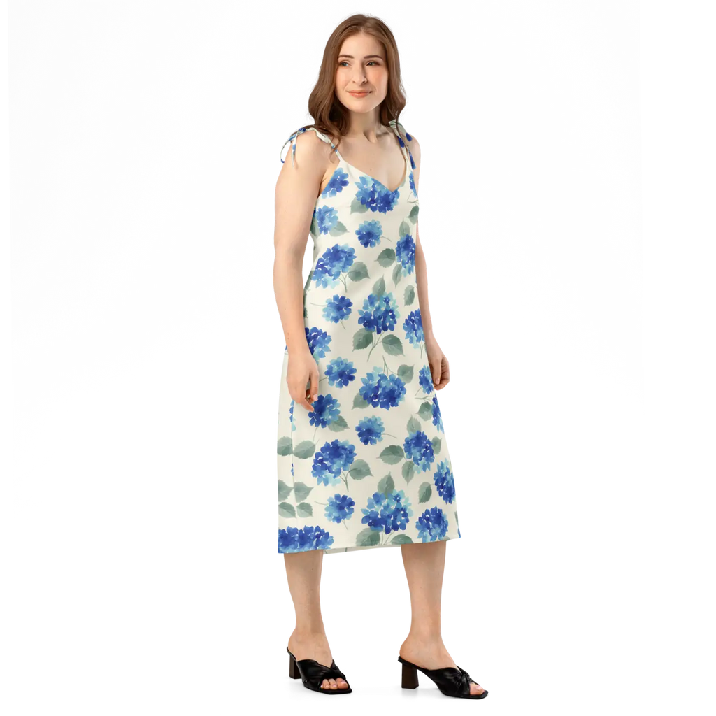 Blue Hydrangea Midi Dress - Built-In Bra and Tie Straps - DipaliZ