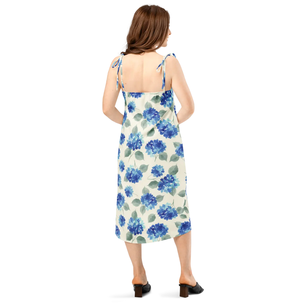 Blue Hydrangea Midi Dress - Built-In Bra and Tie Straps - DipaliZ