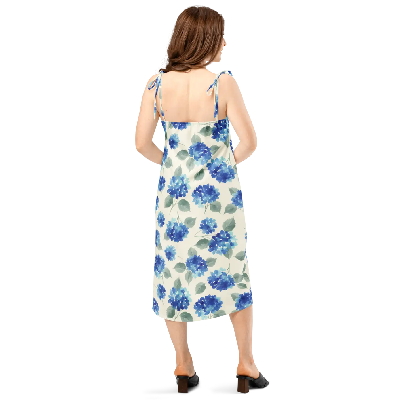 Blue Hydrangea Midi Dress - Built-In Bra and Tie Straps - DipaliZ