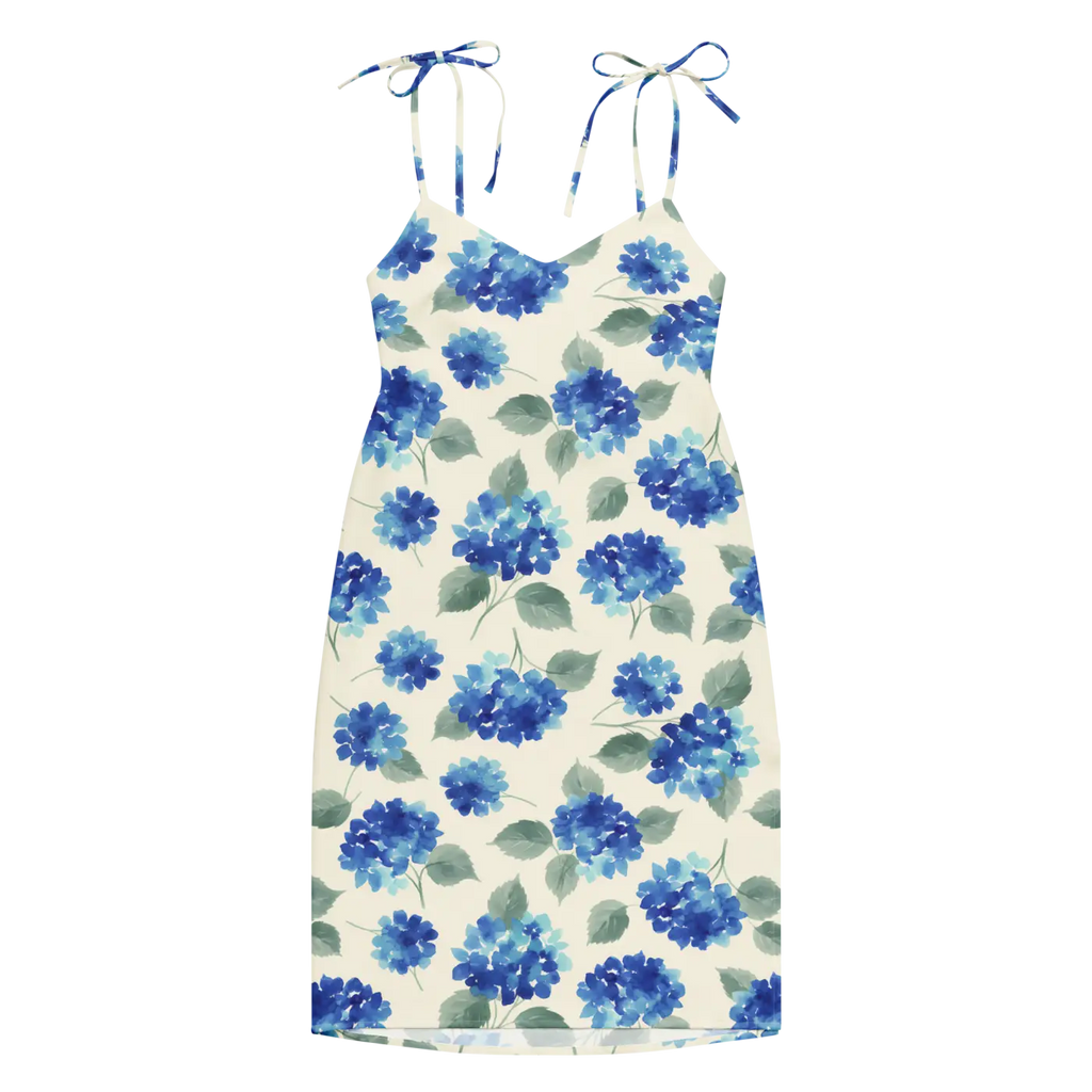 Blue Hydrangea Midi Dress - Built-In Bra and Tie Straps - DipaliZ