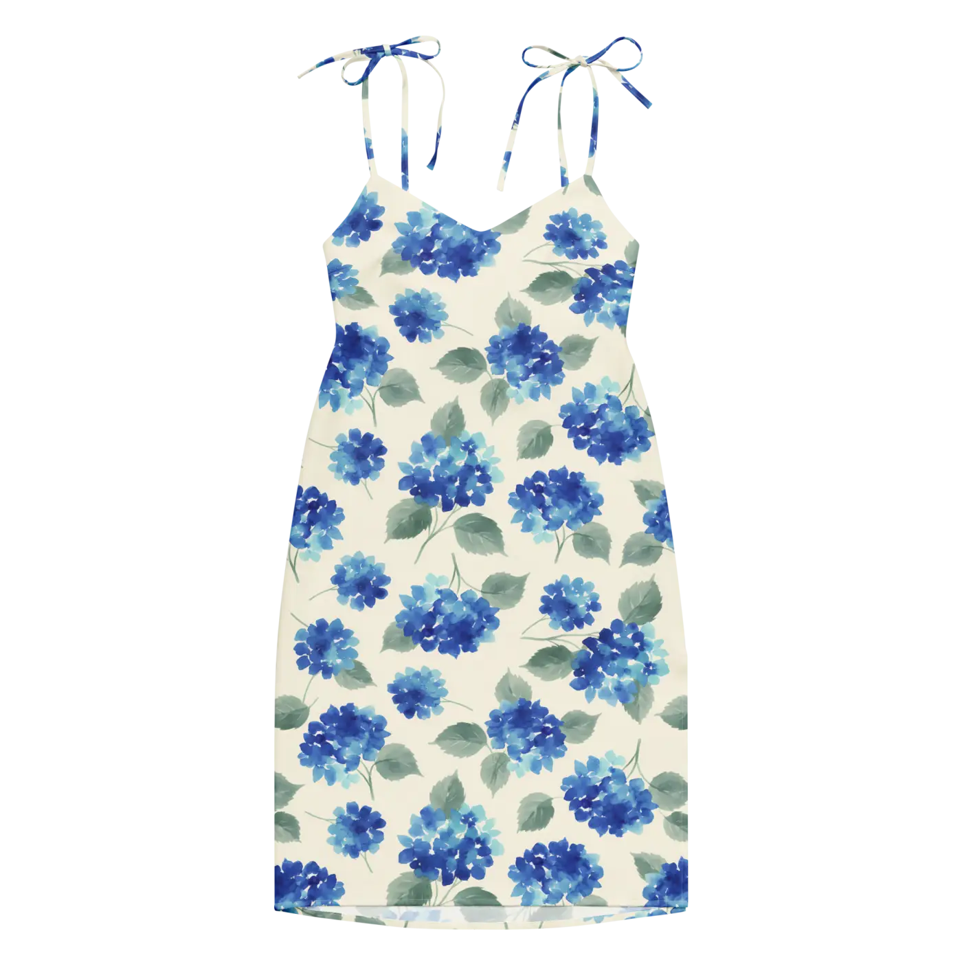 Blue Hydrangea Midi Dress - Built-In Bra and Tie Straps - DipaliZ