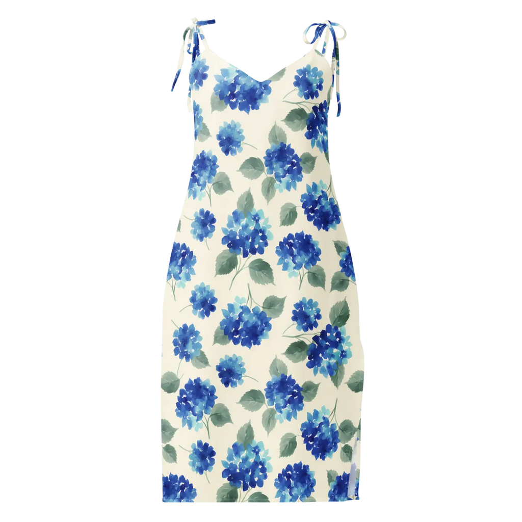 Blue Hydrangea Midi Dress - Built-In Bra and Tie Straps - DipaliZ
