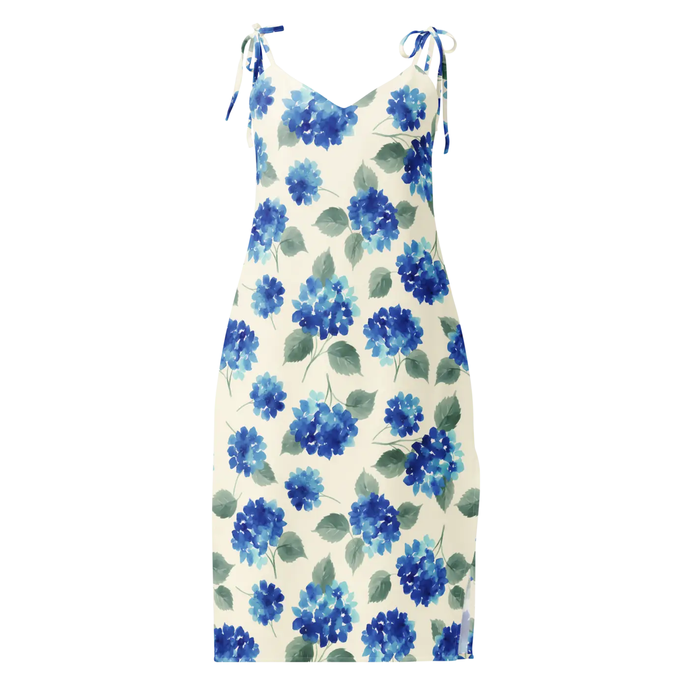 Blue Hydrangea Midi Dress - Built-In Bra and Tie Straps - DipaliZ